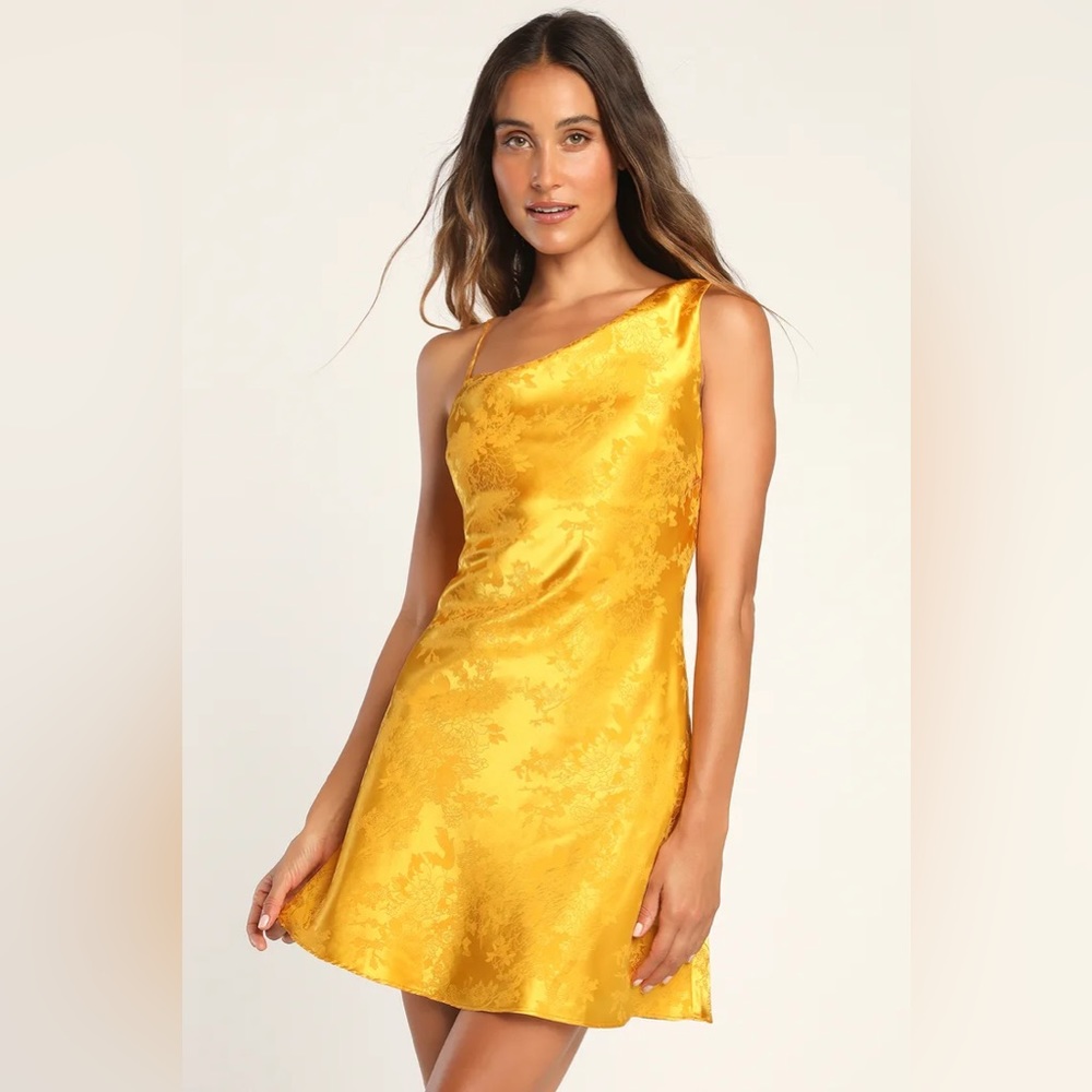 Lulus Yellow Satin Flower Print Mini Dress